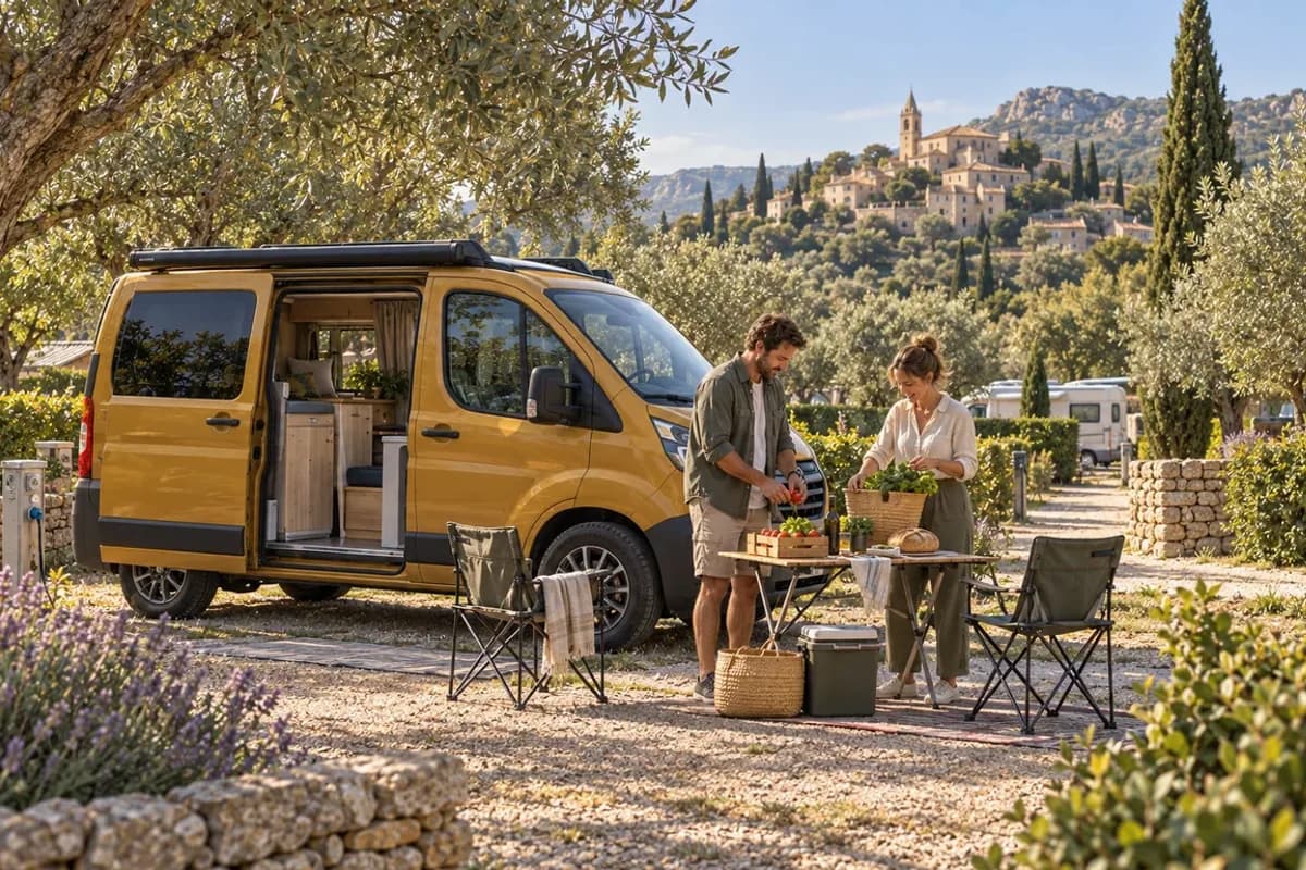 Photographie éditoriale d’un voyage en van entre Pérouges, Oingt, Sainte-Croix-en-Jarez, dans l’esprit du Mag Label Vanlife.