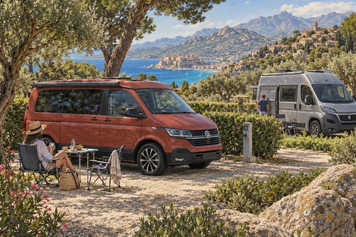 Photographie éditoriale d’un voyage en van entre Piana, Sant'Antonino, dans l’esprit du Mag Label Vanlife.