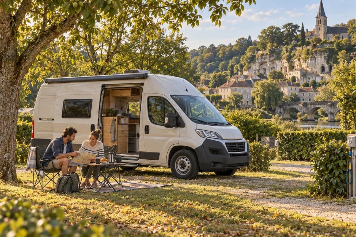 Photographie éditoriale d’un voyage en van entre Saint-Léon-sur-Vézère, Saint-Amand-de-Coly, Saint-Robert, Ségur-le-Château, dans l’esprit du Mag Label Vanlife.