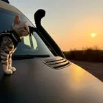 Aristote, le chat de Tina, installé sur le capot de Zigzag au coucher du soleil